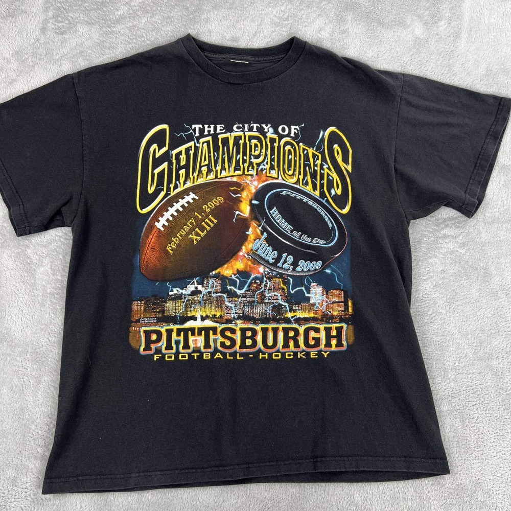 Pittsburgh City of Champions 2009 T-Shirt XL Black Steelers Penguins Super Bowl